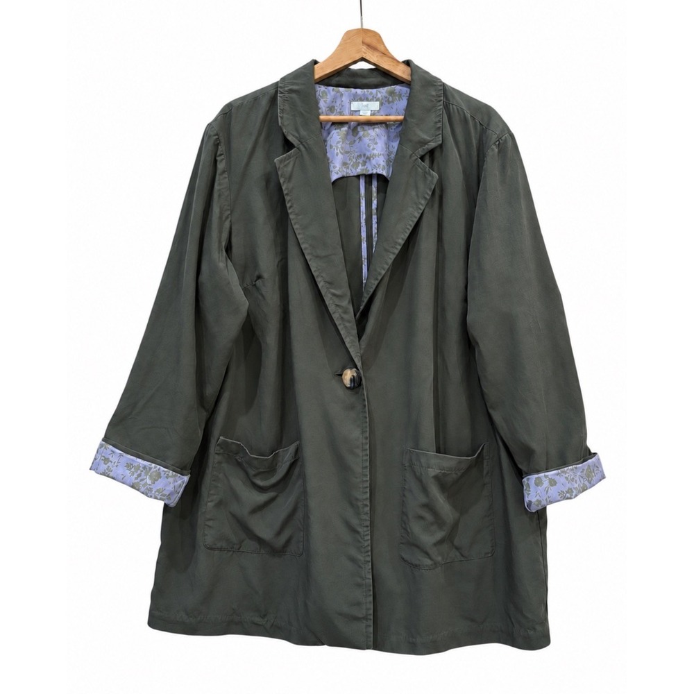 J Jill Relaxed Blazer Olive Green Lyocell Linen Floral Cuffs Patch Pockets 2X